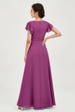 Flutter Sleeves Chiffon V Neck Bridesmaid Dress Women's Formal Evening Prom Gowns Dresses