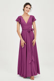 Flutter Sleeves Chiffon V Neck Bridesmaid Dress Women's Formal Evening Prom Gowns Dresses