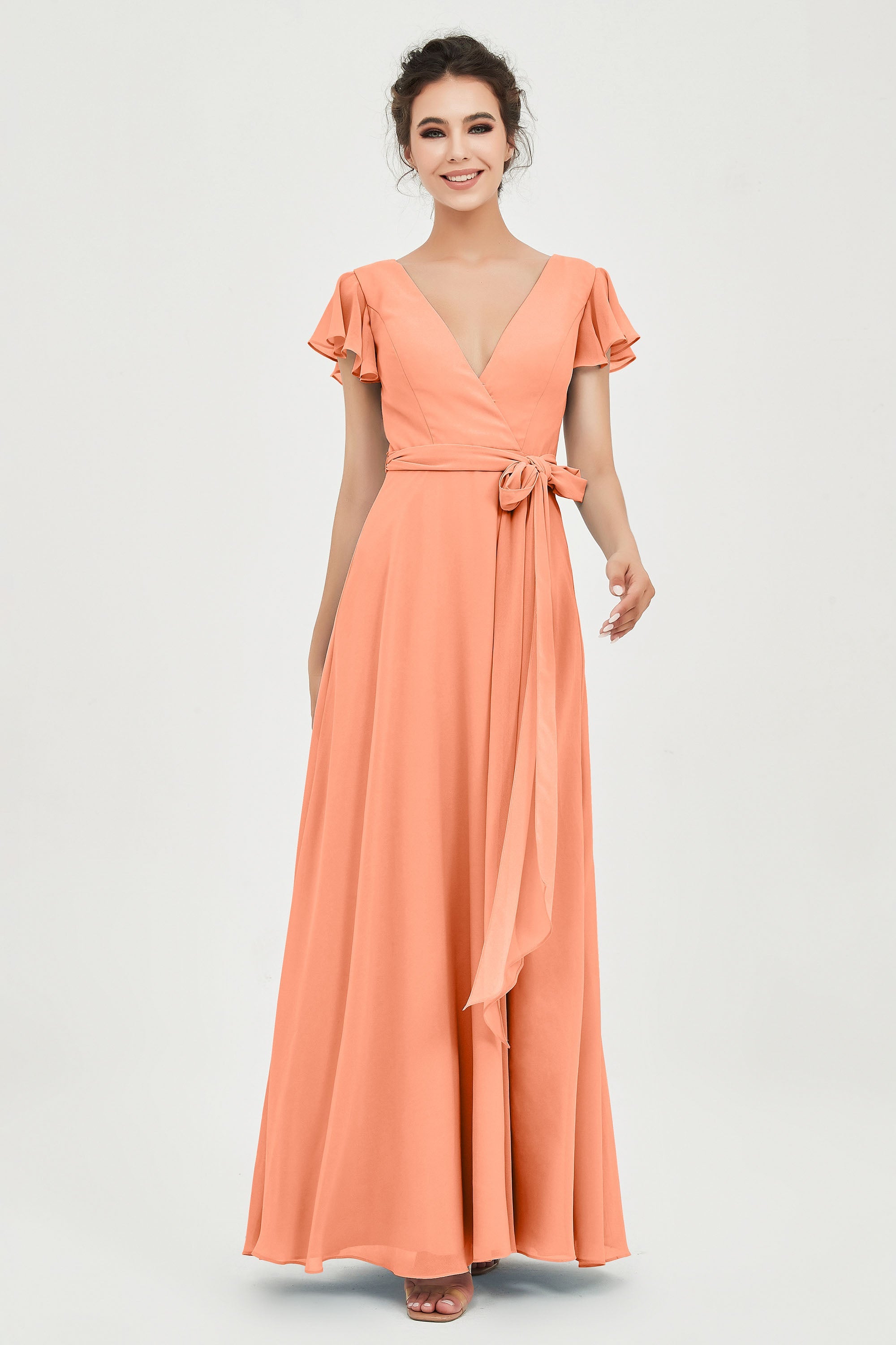 Flutter Sleeves Chiffon V Neck Bridesmaid Dress Women's Formal Evening Prom Gowns Dresses