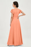 Flutter Sleeves Chiffon V Neck Bridesmaid Dress Women's Formal Evening Prom Gowns Dresses