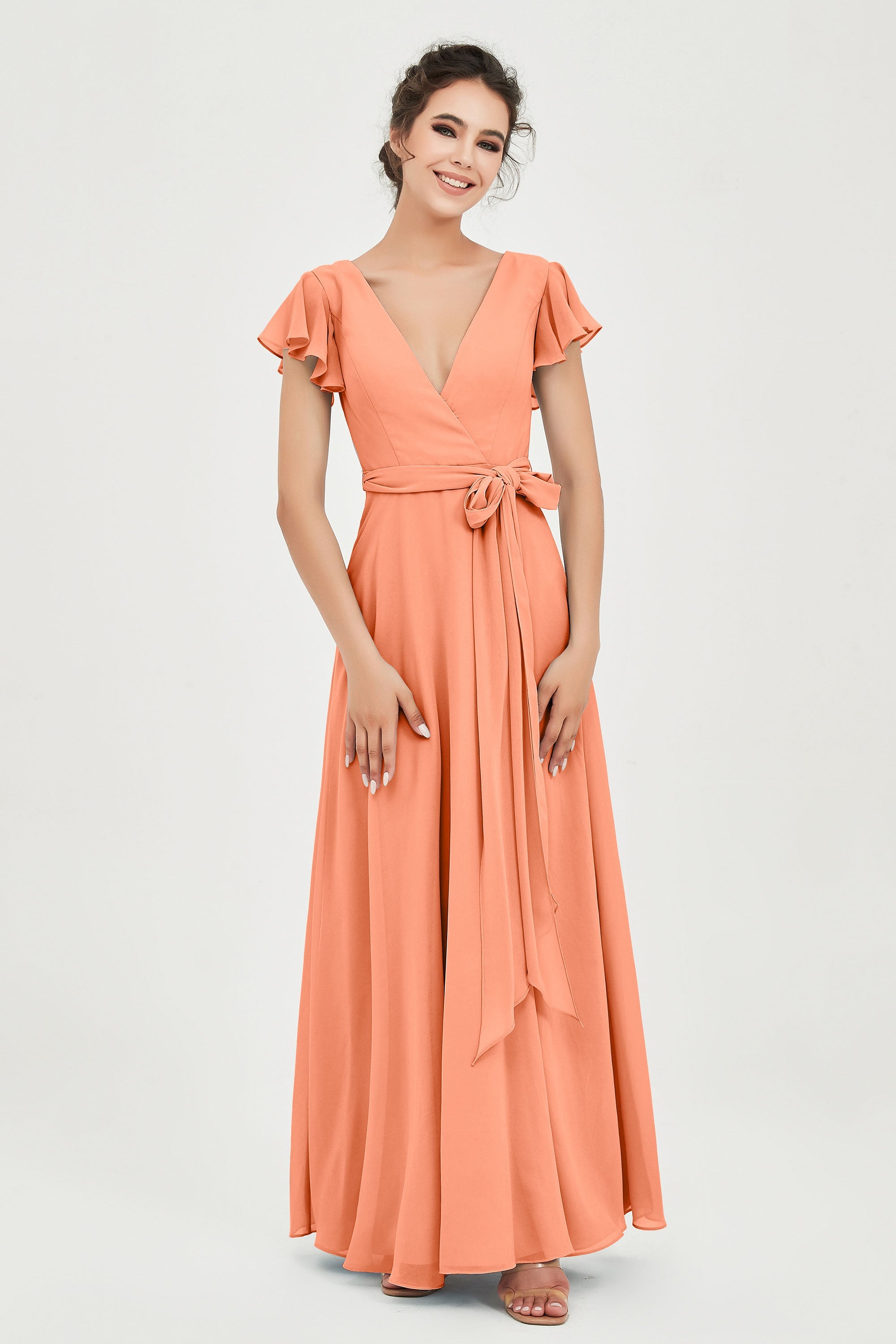 Flutter Sleeves Chiffon V Neck Bridesmaid Dress Women's Formal Evening Prom Gowns Dresses