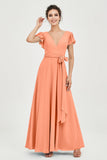 Flutter Sleeves Chiffon V Neck Bridesmaid Dress Women's Formal Evening Prom Gowns Dresses