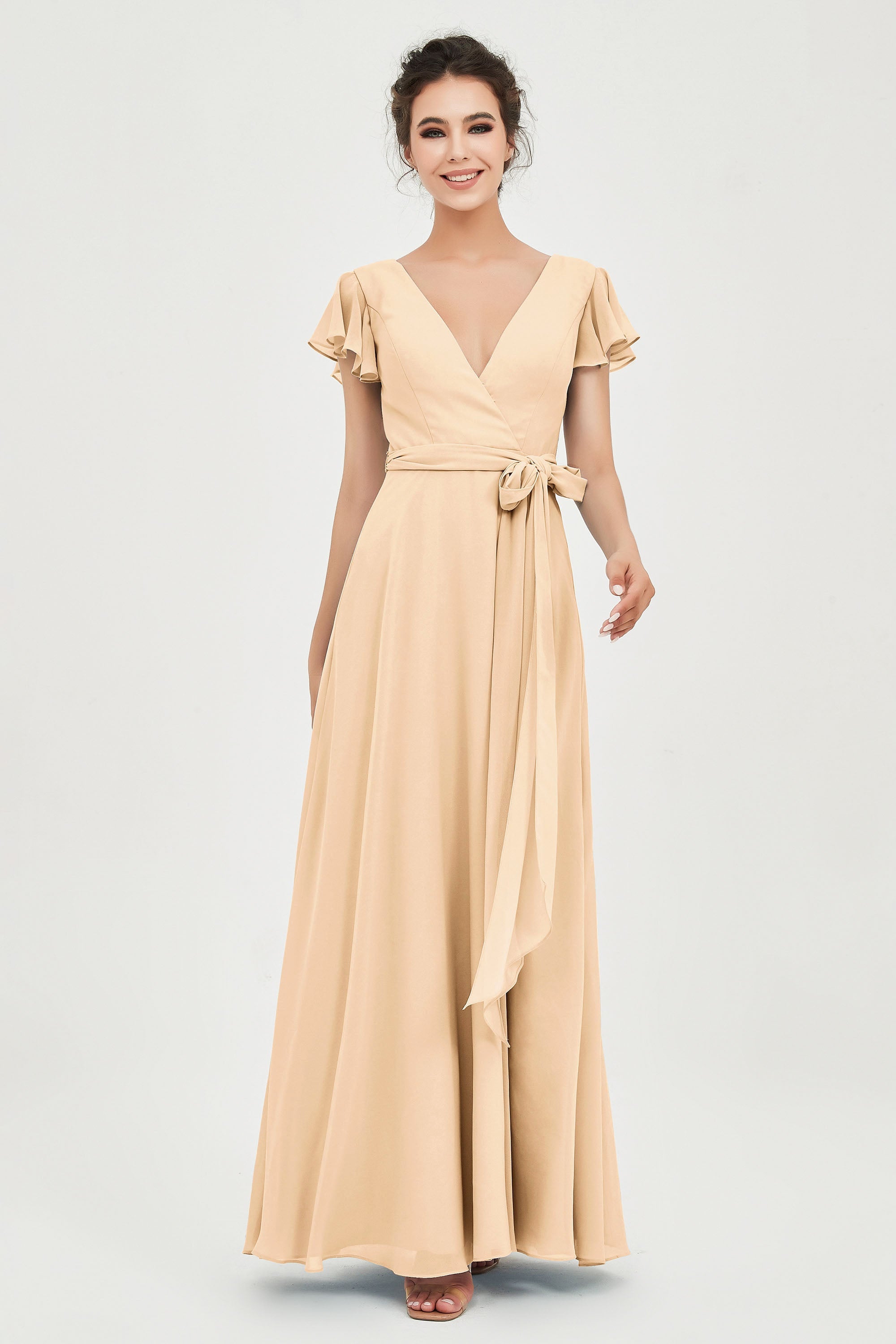 Flutter Sleeves Chiffon V Neck Bridesmaid Dress Women's Formal Evening Prom Gowns Dresses
