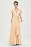 Flutter Sleeves Chiffon V Neck Bridesmaid Dress Women's Formal Evening Prom Gowns Dresses