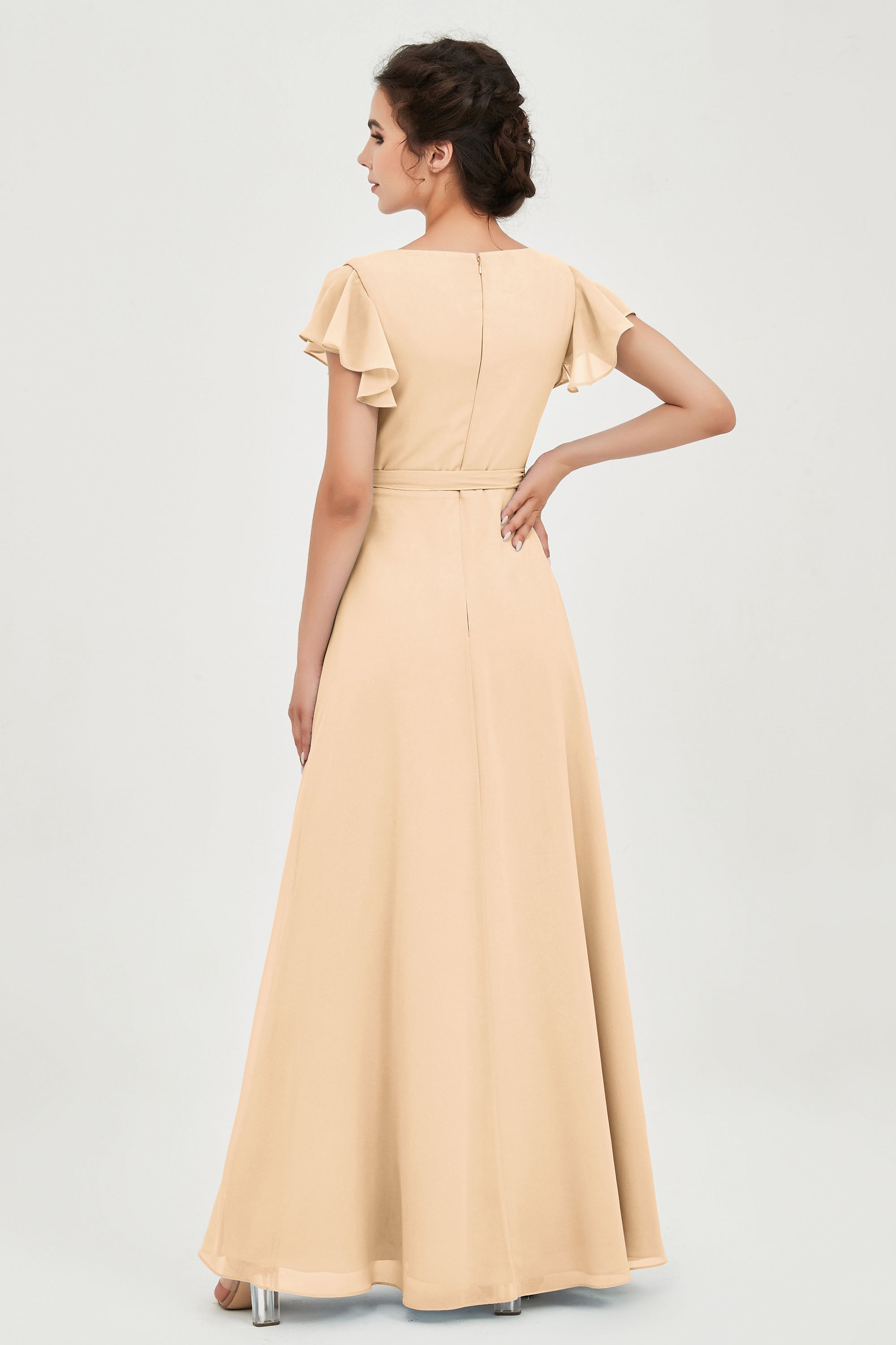 Flutter Sleeves Chiffon V Neck Bridesmaid Dress Women's Formal Evening Prom Gowns Dresses