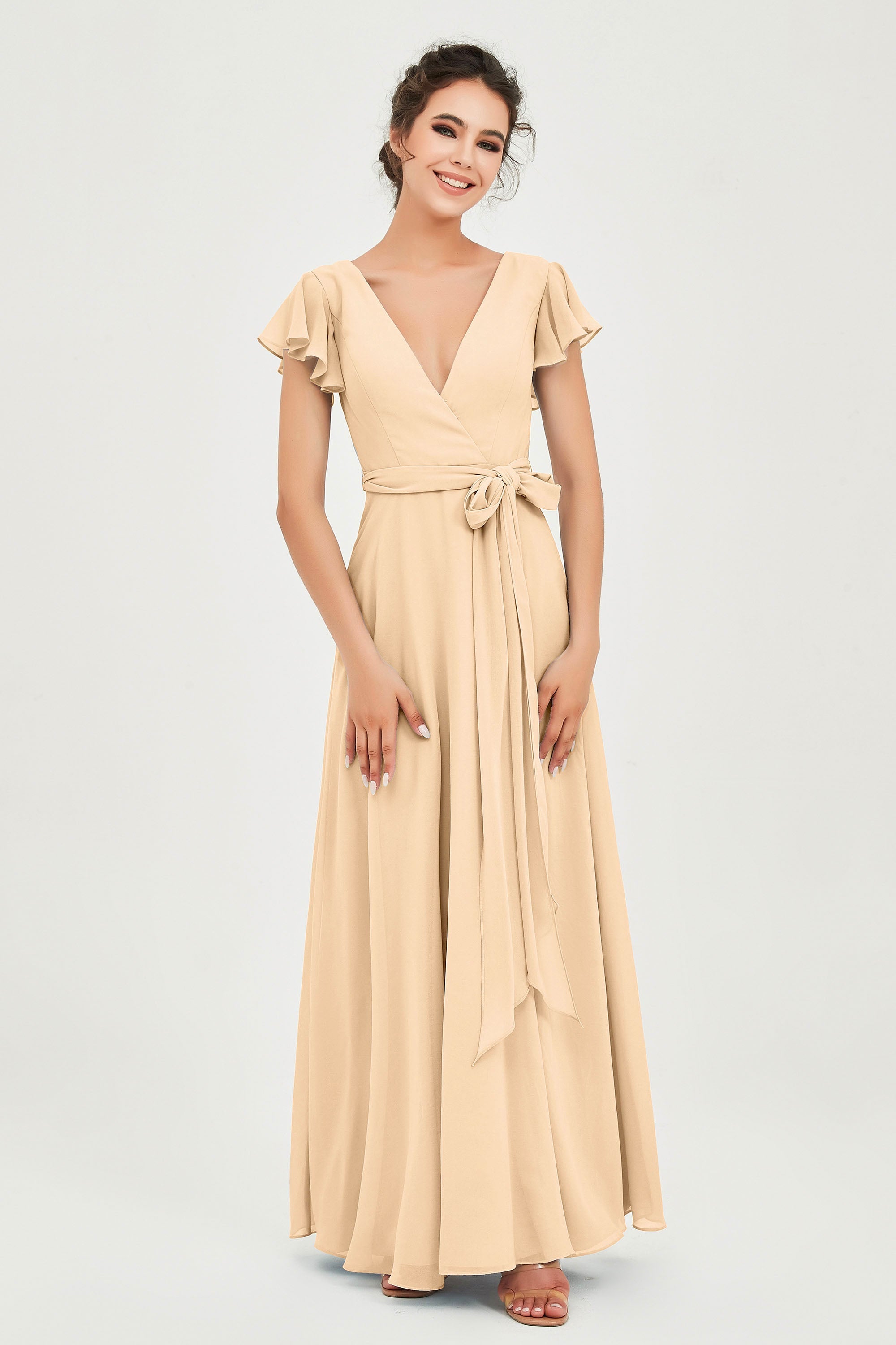 Flutter Sleeves Chiffon V Neck Bridesmaid Dress Women's Formal Evening Prom Gowns Dresses