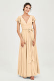 Flutter Sleeves Chiffon V Neck Bridesmaid Dress Women's Formal Evening Prom Gowns Dresses