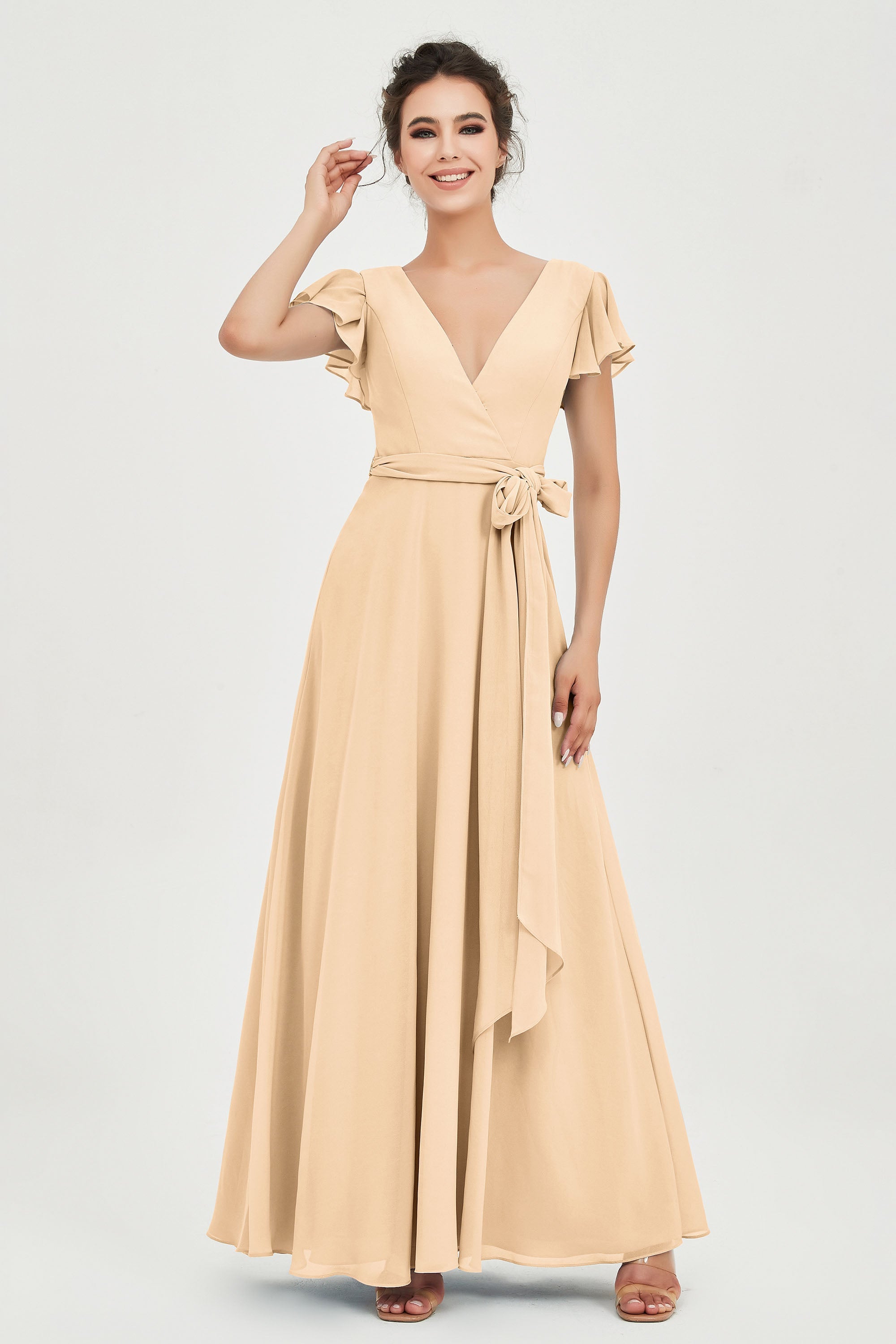 Flutter Sleeves Chiffon V Neck Bridesmaid Dress Women's Formal Evening Prom Gowns Dresses