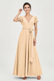 Flutter Sleeves Chiffon V Neck Bridesmaid Dress Women's Formal Evening Prom Gowns Dresses