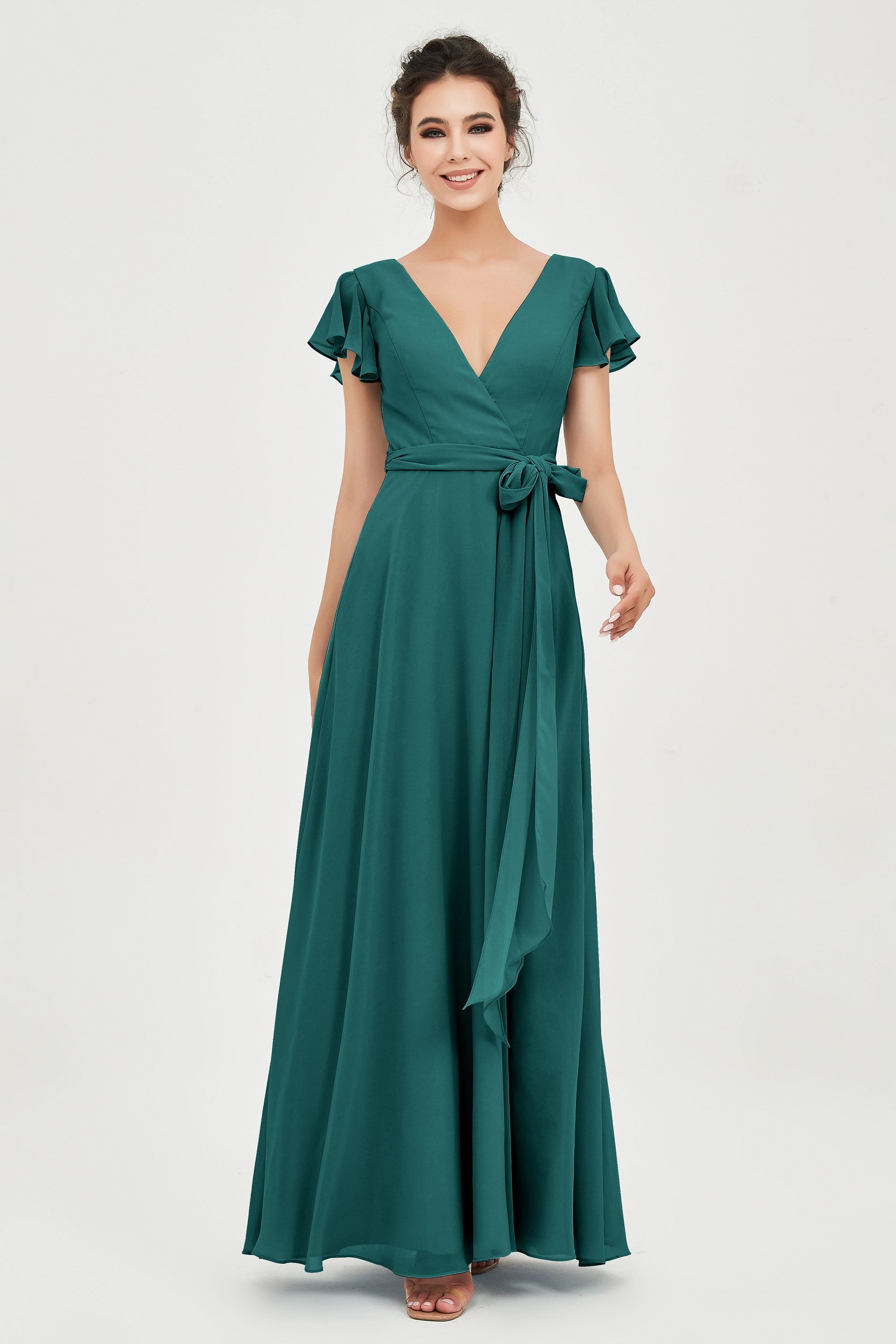Flutter Sleeves Chiffon V Neck Bridesmaid Dress Women's Formal Evening Prom Gowns Dresses