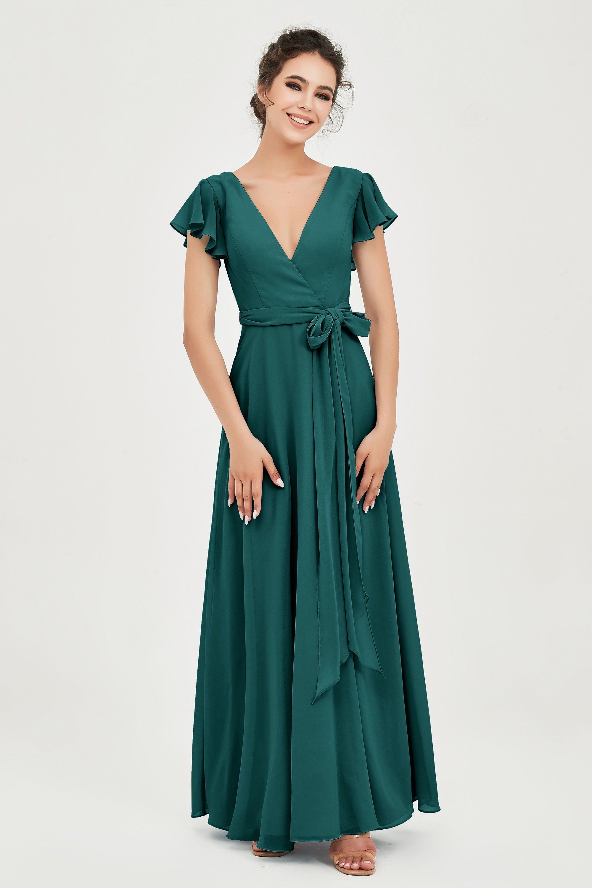 Flutter Sleeves Chiffon V Neck Bridesmaid Dress Women's Formal Evening Prom Gowns Dresses