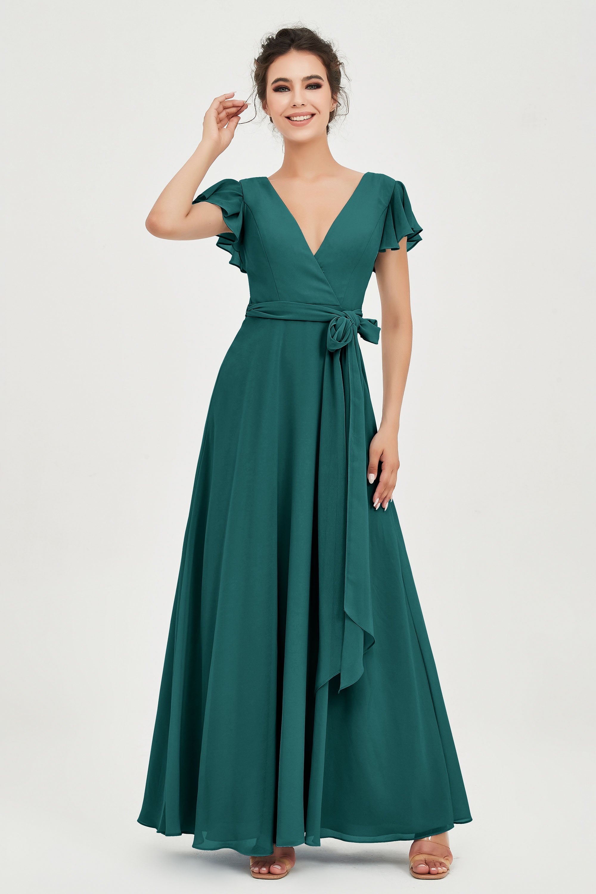Flutter Sleeves Chiffon V Neck Bridesmaid Dress Women's Formal Evening Prom Gowns Dresses