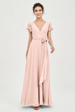Flutter Sleeves Chiffon V Neck Bridesmaid Dress Women's Formal Evening Prom Gowns Dresses