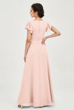 Flutter Sleeves Chiffon V Neck Bridesmaid Dress Women's Formal Evening Prom Gowns Dresses