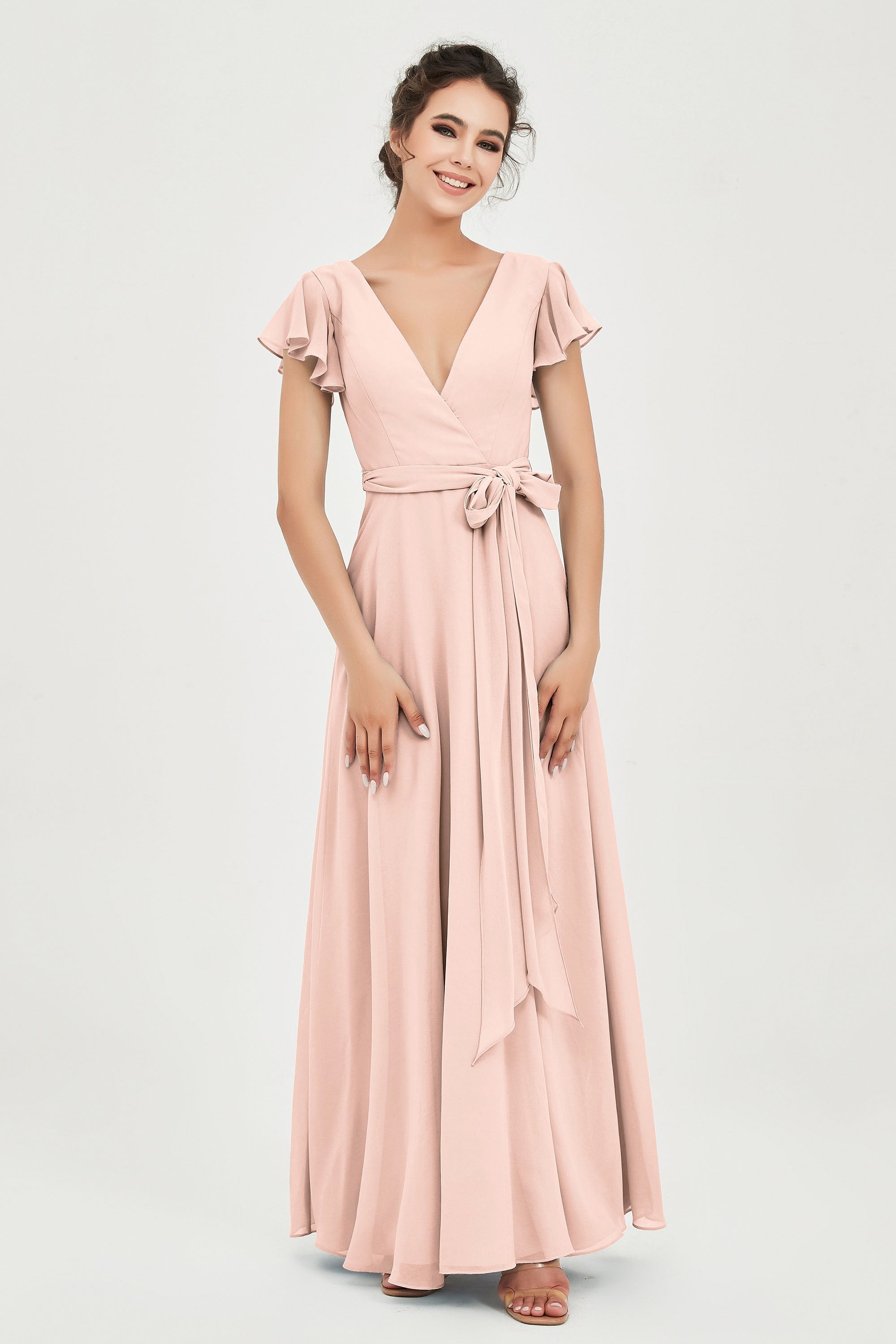 Flutter Sleeves Chiffon V Neck Bridesmaid Dress Women's Formal Evening Prom Gowns Dresses