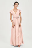 Flutter Sleeves Chiffon V Neck Bridesmaid Dress Women's Formal Evening Prom Gowns Dresses