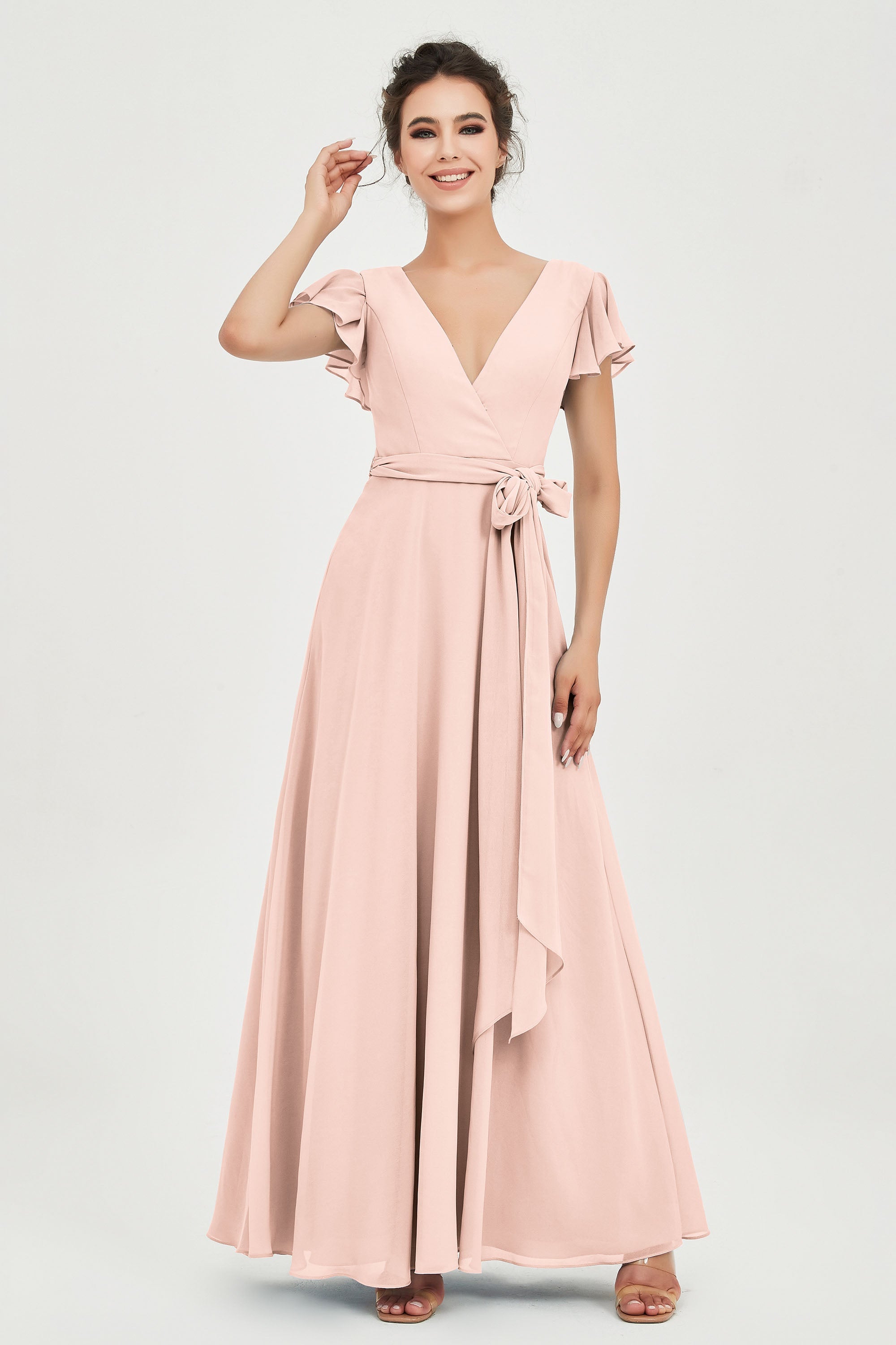 Flutter Sleeves Chiffon V Neck Bridesmaid Dress Women's Formal Evening Prom Gowns Dresses