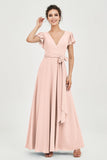 Flutter Sleeves Chiffon V Neck Bridesmaid Dress Women's Formal Evening Prom Gowns Dresses