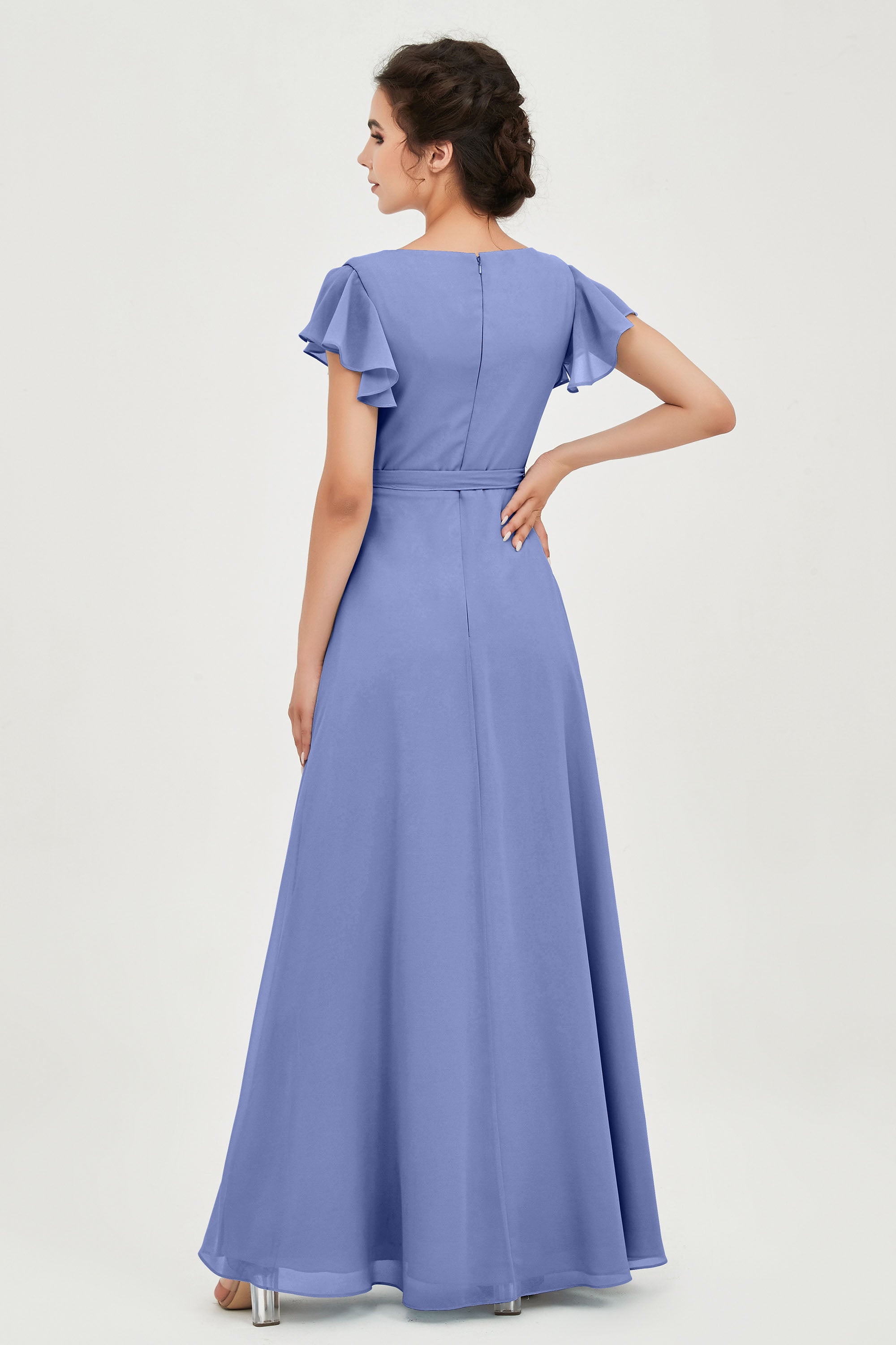 Flutter Sleeves Chiffon V Neck Bridesmaid Dress Women's Formal Evening Prom Gowns Dresses
