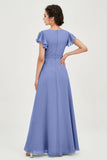 Flutter Sleeves Chiffon V Neck Bridesmaid Dress Women's Formal Evening Prom Gowns Dresses