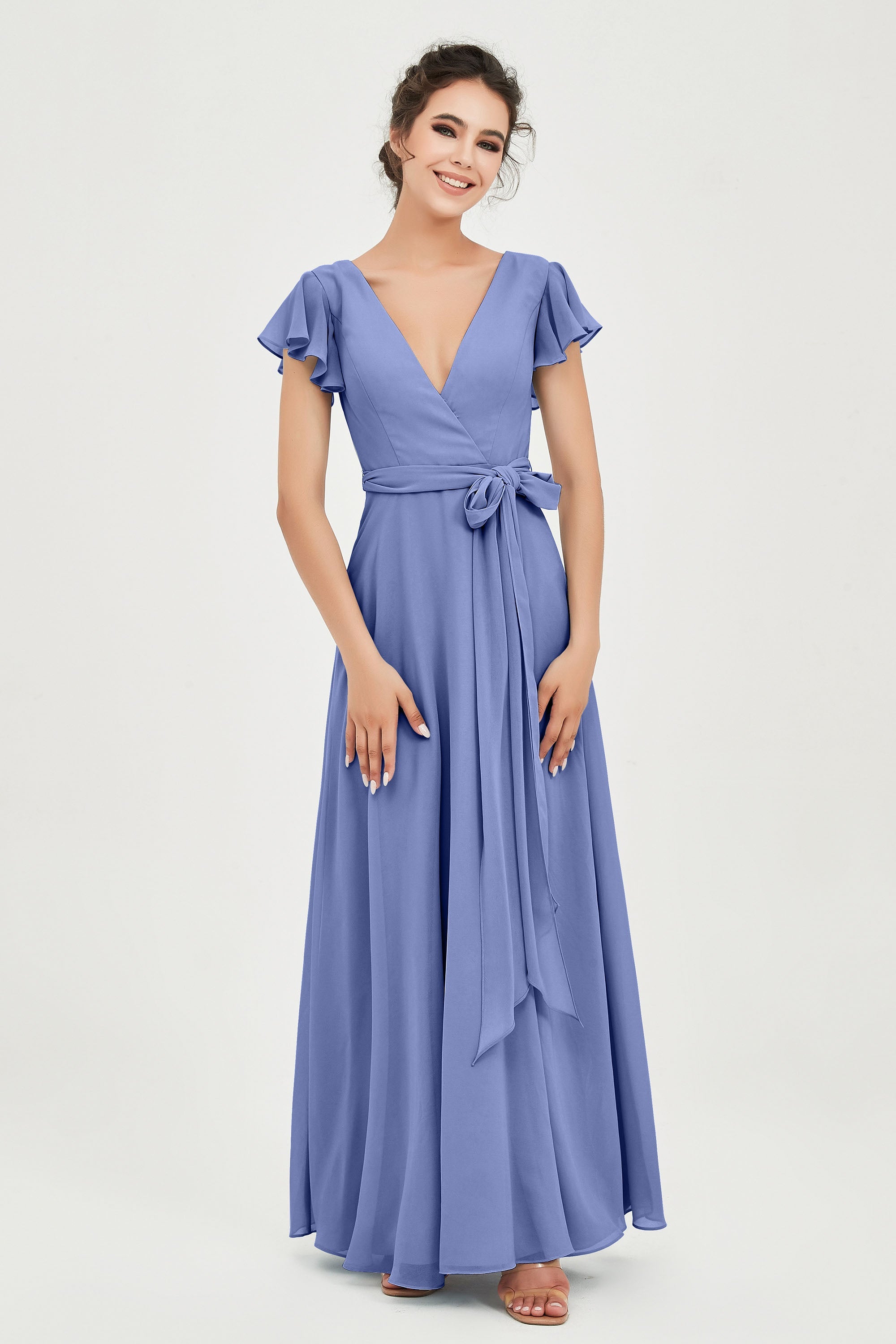 Flutter Sleeves Chiffon V Neck Bridesmaid Dress Women's Formal Evening Prom Gowns Dresses