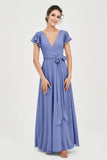 Flutter Sleeves Chiffon V Neck Bridesmaid Dress Women's Formal Evening Prom Gowns Dresses