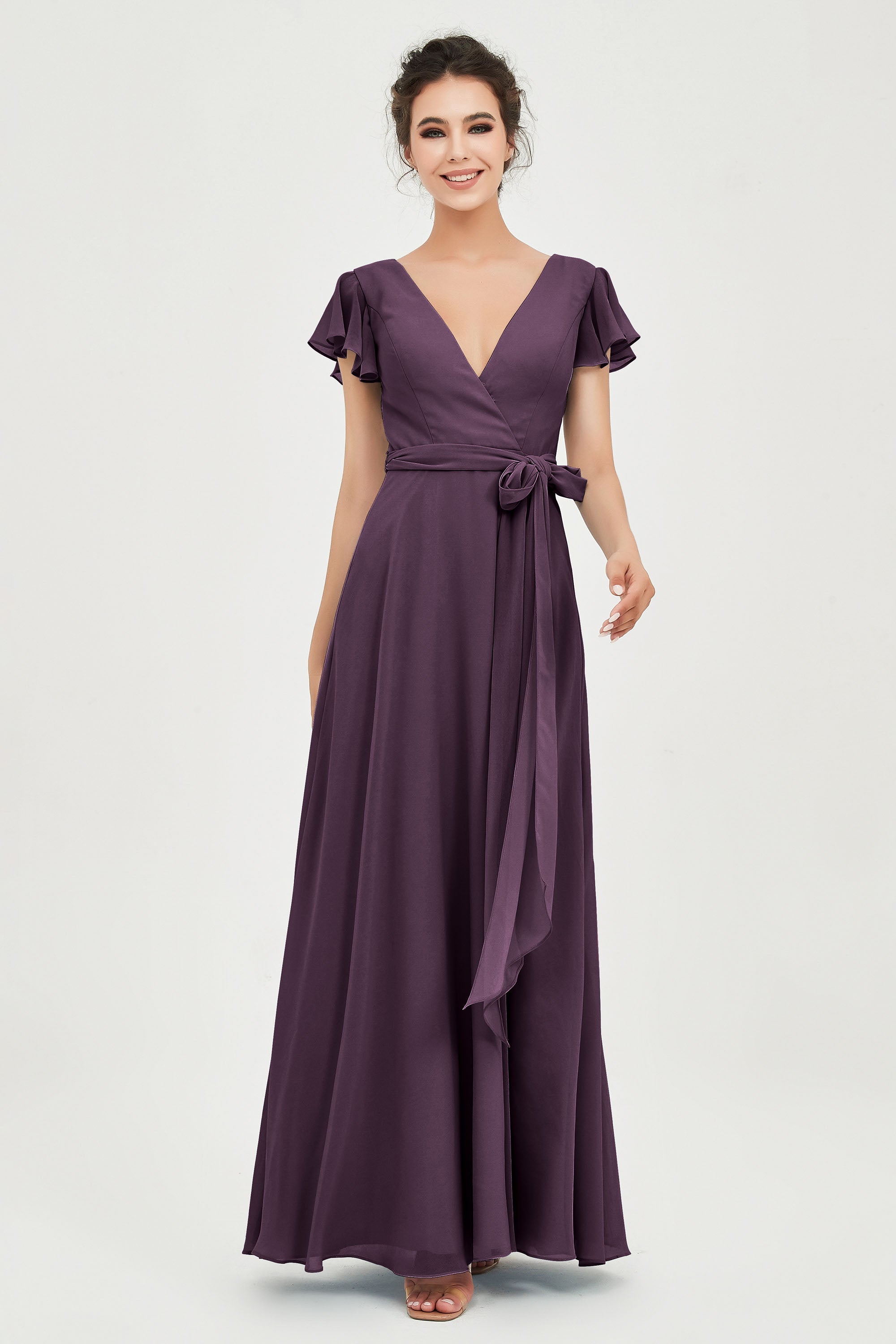 Flutter Sleeves Chiffon V Neck Bridesmaid Dress Women's Formal Evening Prom Gowns Dresses