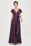 Flutter Sleeves Chiffon V Neck Bridesmaid Dress Women's Formal Evening Prom Gowns Dresses