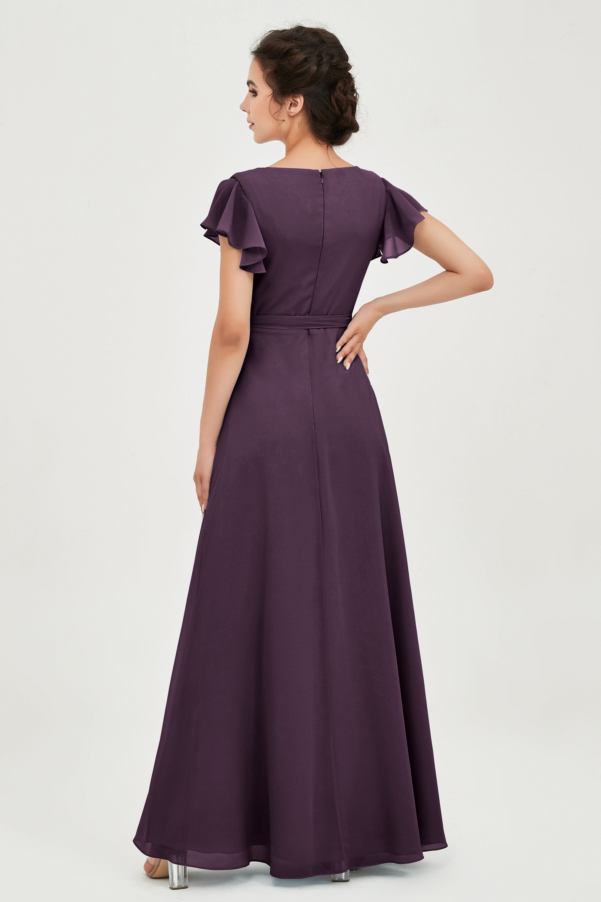 Flutter Sleeves Chiffon V Neck Bridesmaid Dress Women's Formal Evening Prom Gowns Dresses