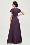 Flutter Sleeves Chiffon V Neck Bridesmaid Dress Women's Formal Evening Prom Gowns Dresses