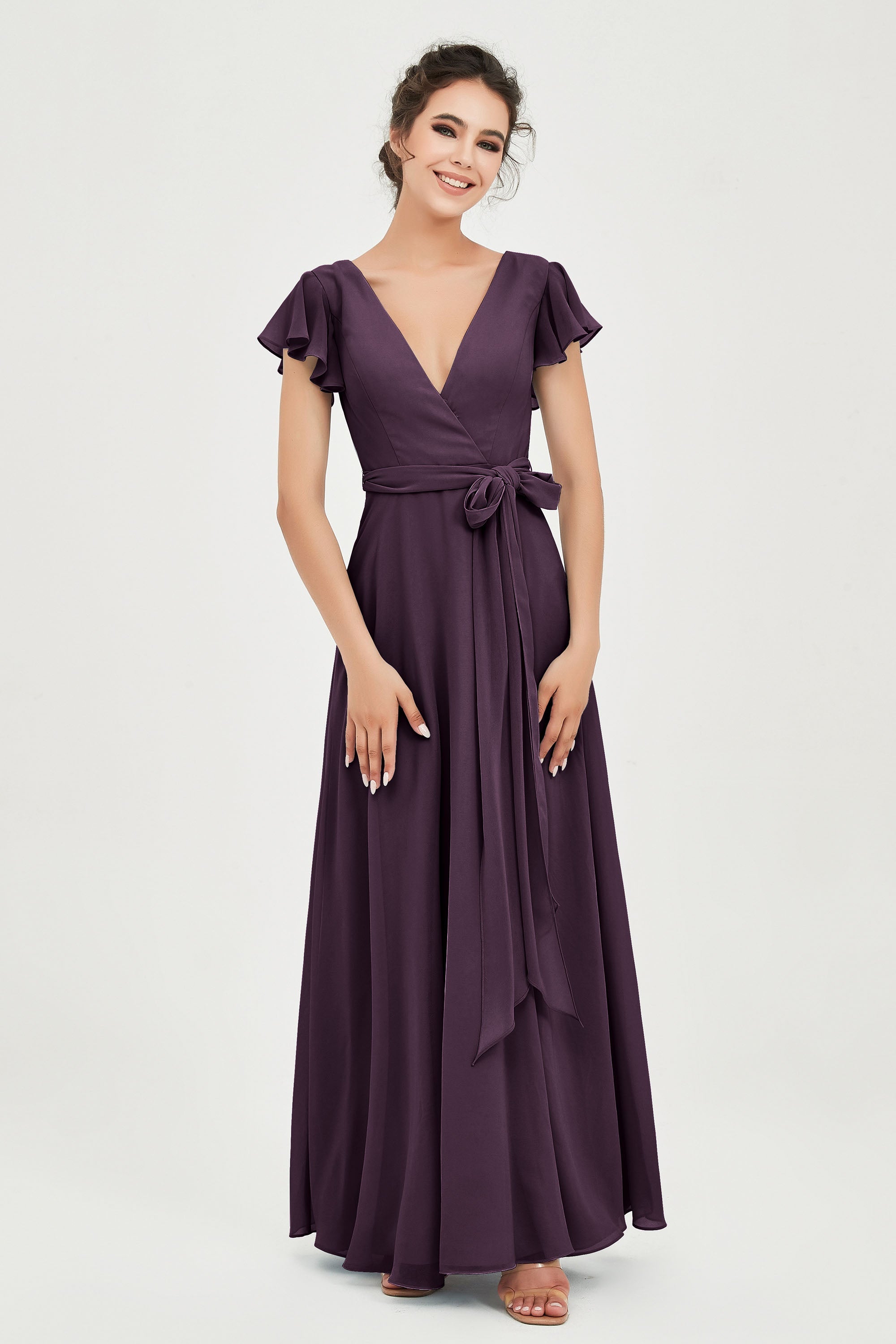 Flutter Sleeves Chiffon V Neck Bridesmaid Dress Women's Formal Evening Prom Gowns Dresses