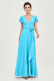 Flutter Sleeves Chiffon V Neck Bridesmaid Dress Women's Formal Evening Prom Gowns Dresses