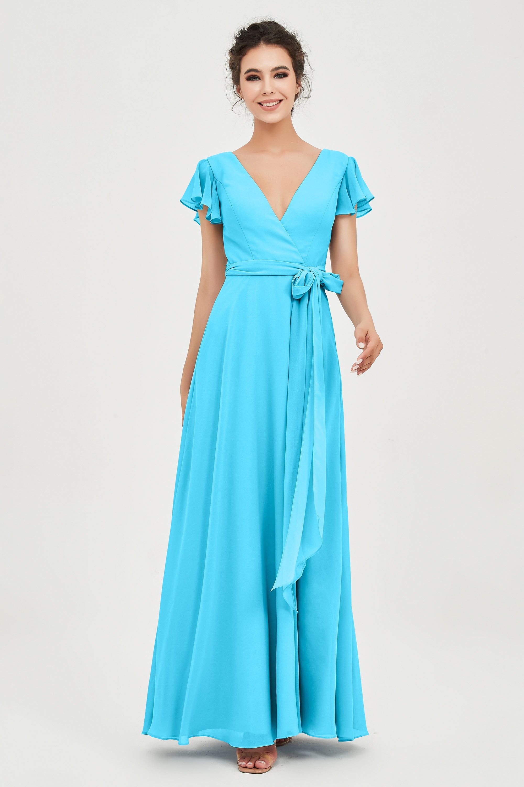 Flutter Sleeves Chiffon V Neck Bridesmaid Dress Women's Formal Evening Prom Gowns Dresses