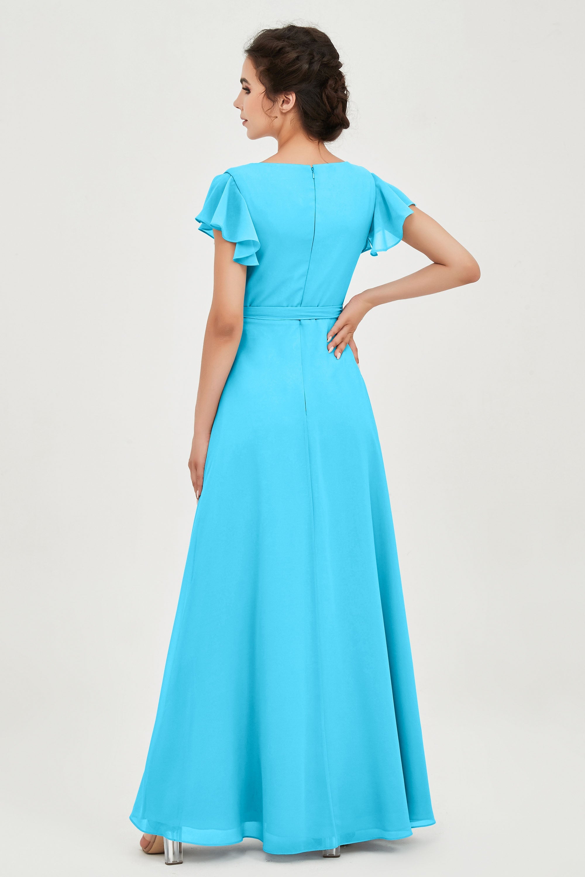 Flutter Sleeves Chiffon V Neck Bridesmaid Dress Women's Formal Evening Prom Gowns Dresses