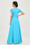 Flutter Sleeves Chiffon V Neck Bridesmaid Dress Women's Formal Evening Prom Gowns Dresses