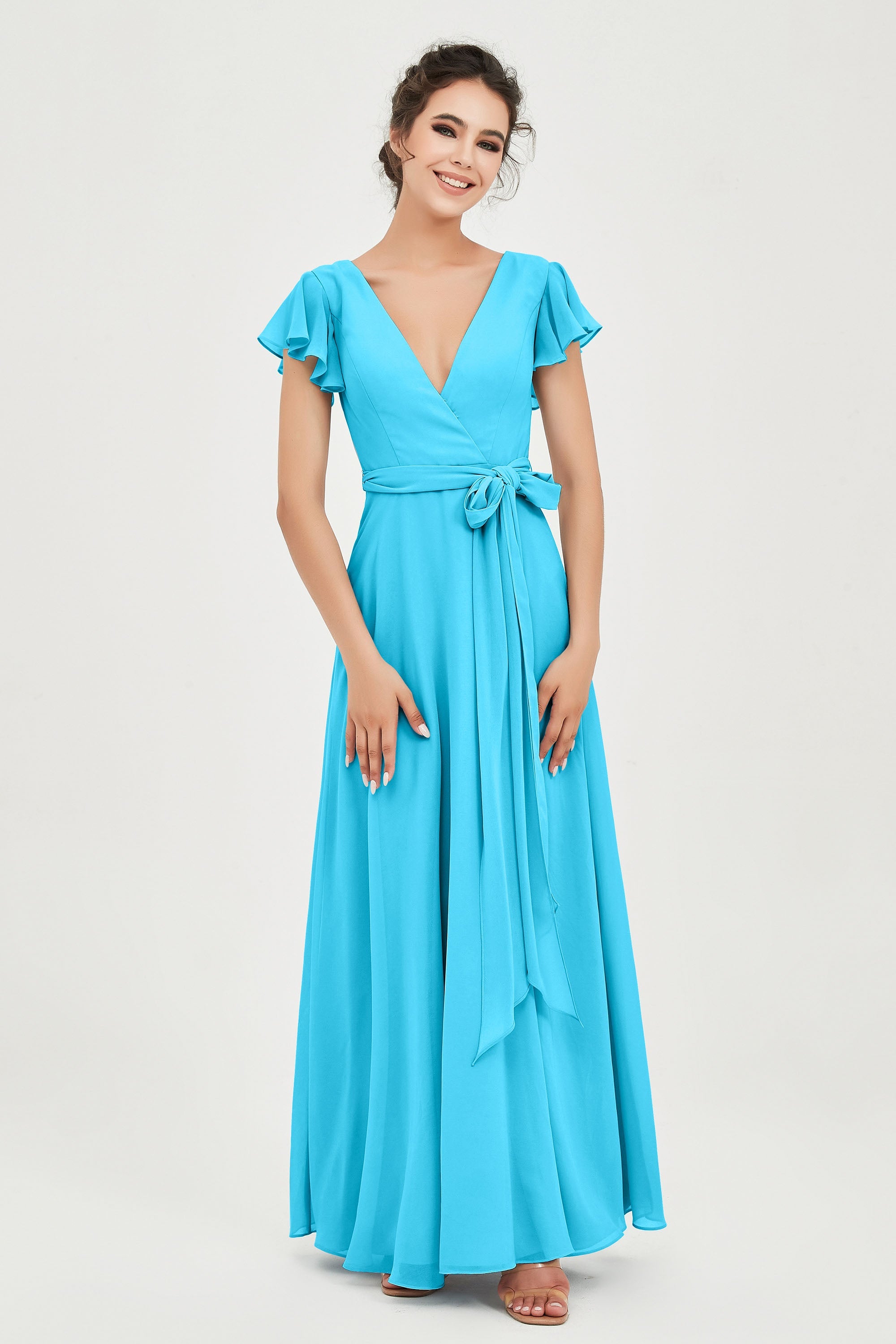 Flutter Sleeves Chiffon V Neck Bridesmaid Dress Women's Formal Evening Prom Gowns Dresses