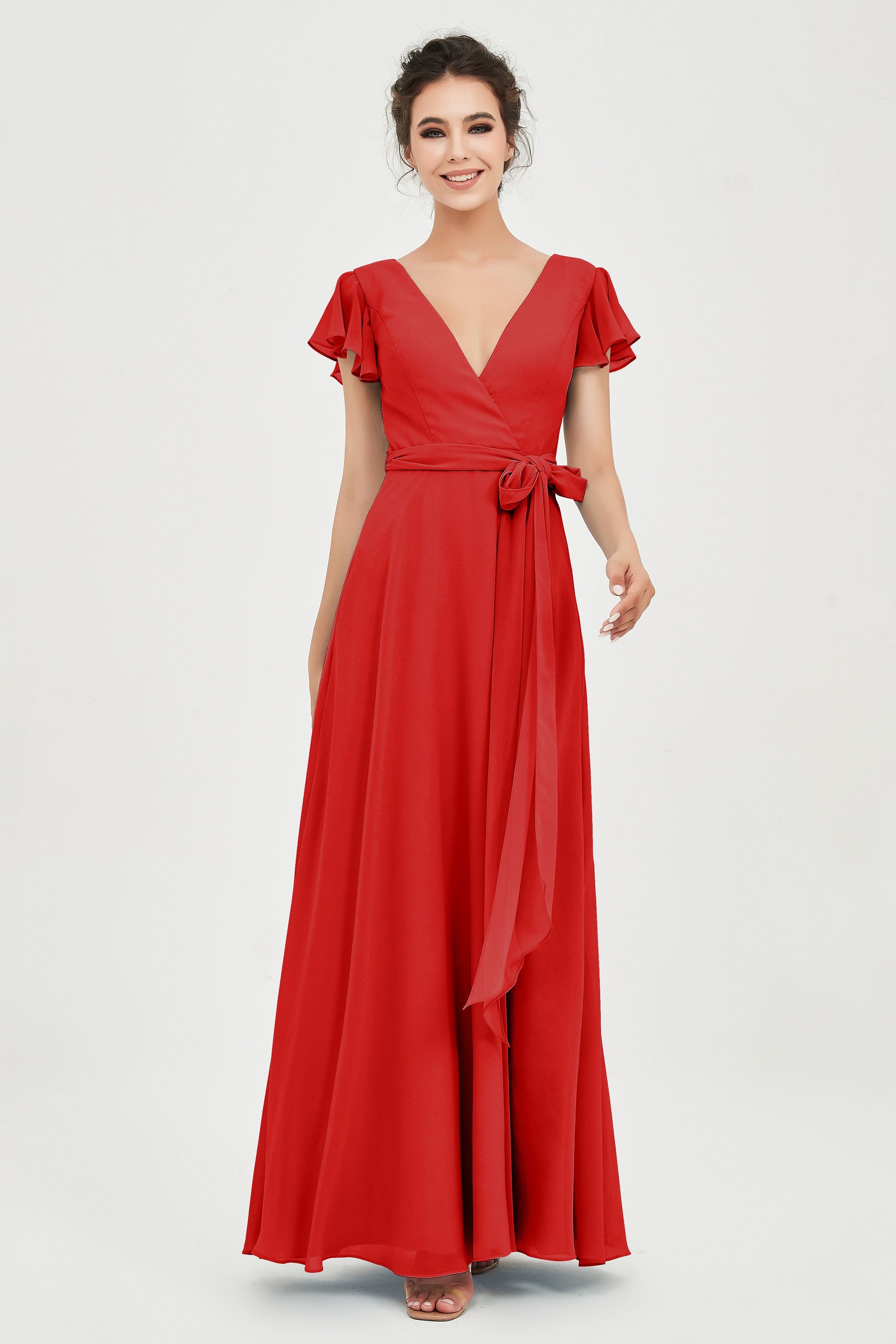 Flutter Sleeves Chiffon V Neck Bridesmaid Dress Women's Formal Evening Prom Gowns Dresses