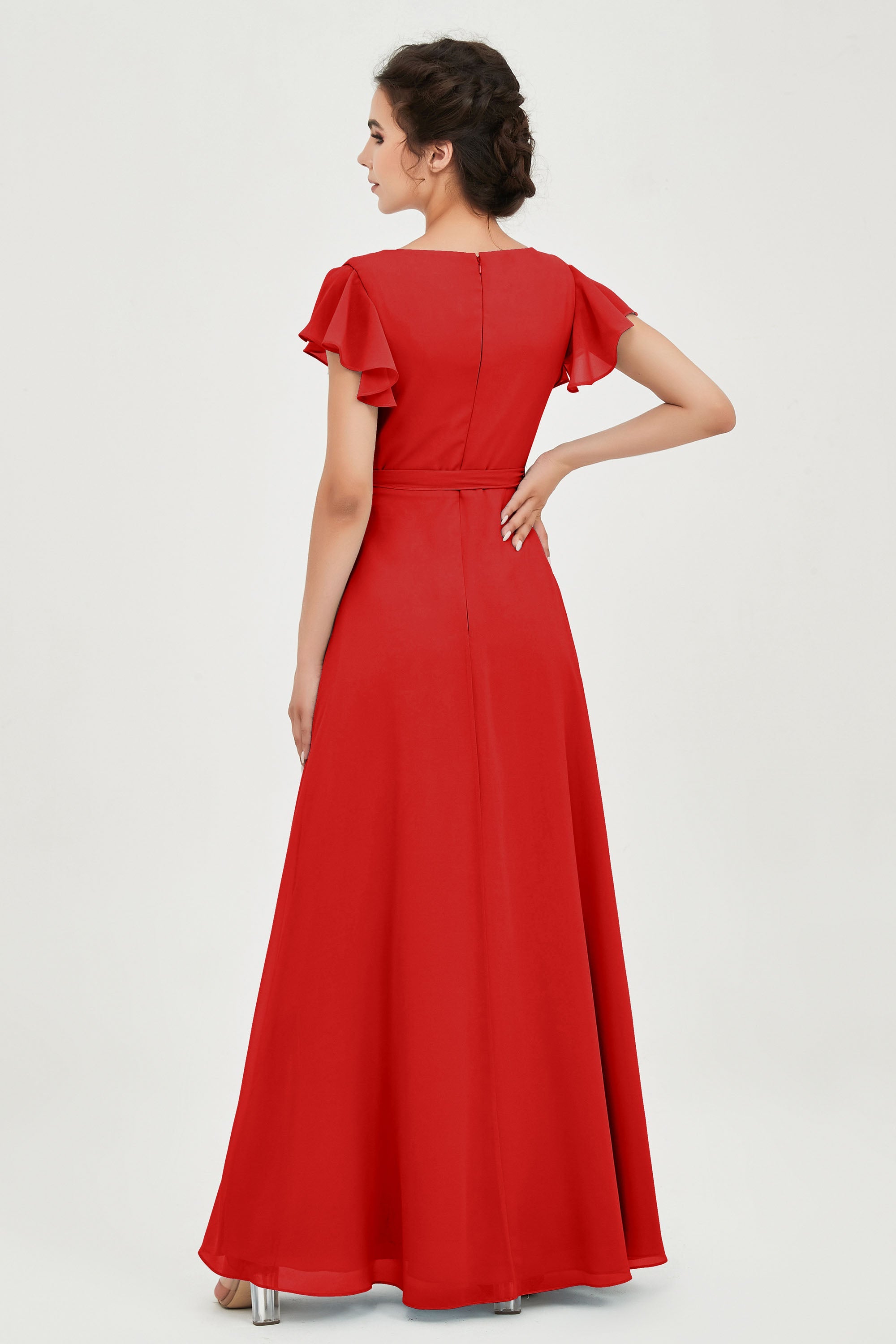 Flutter Sleeves Chiffon V Neck Bridesmaid Dress Women's Formal Evening Prom Gowns Dresses