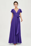 Flutter Sleeves Chiffon V Neck Bridesmaid Dress Women's Formal Evening Prom Gowns Dresses