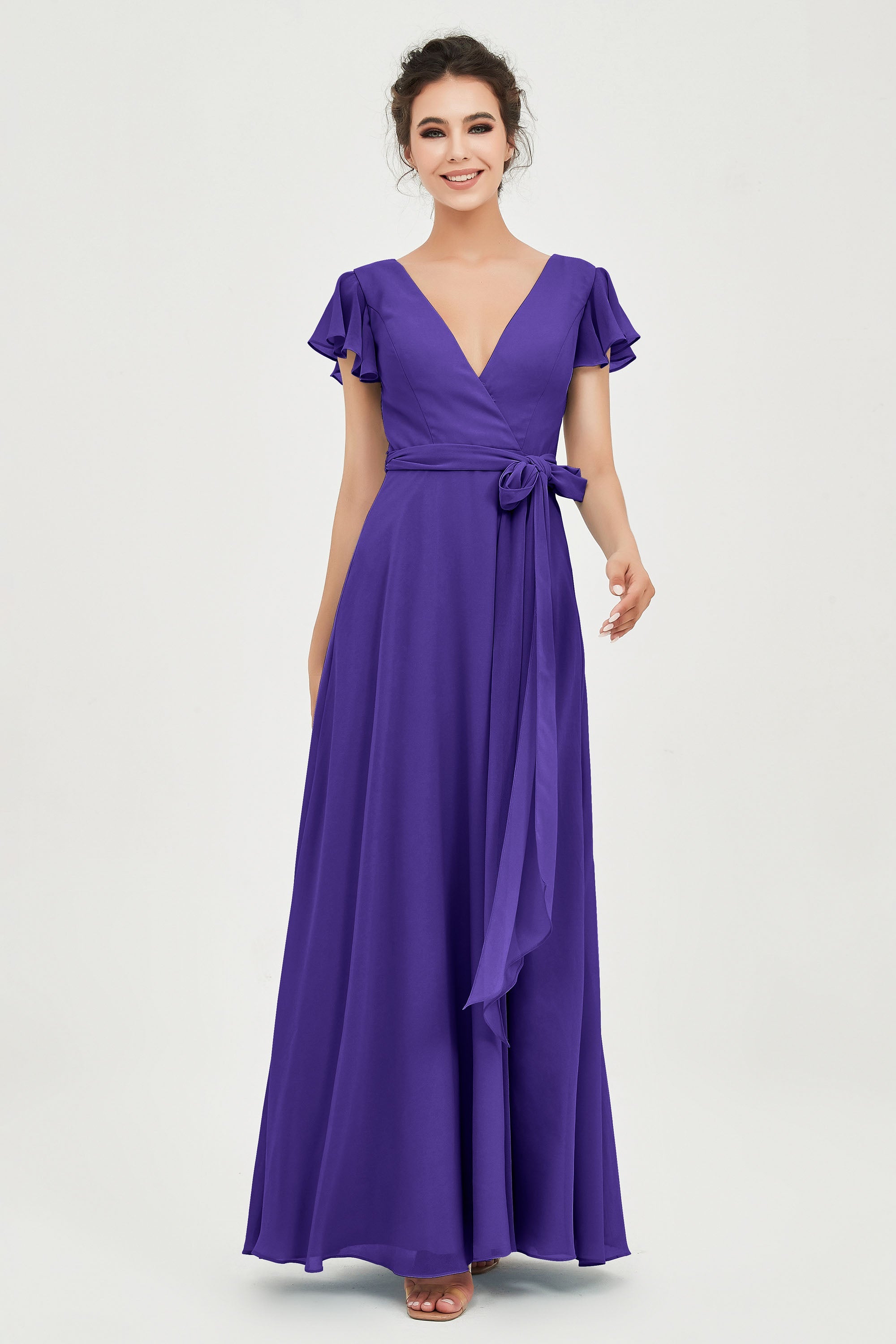 Flutter Sleeves Chiffon V Neck Bridesmaid Dress Women's Formal Evening Prom Gowns Dresses