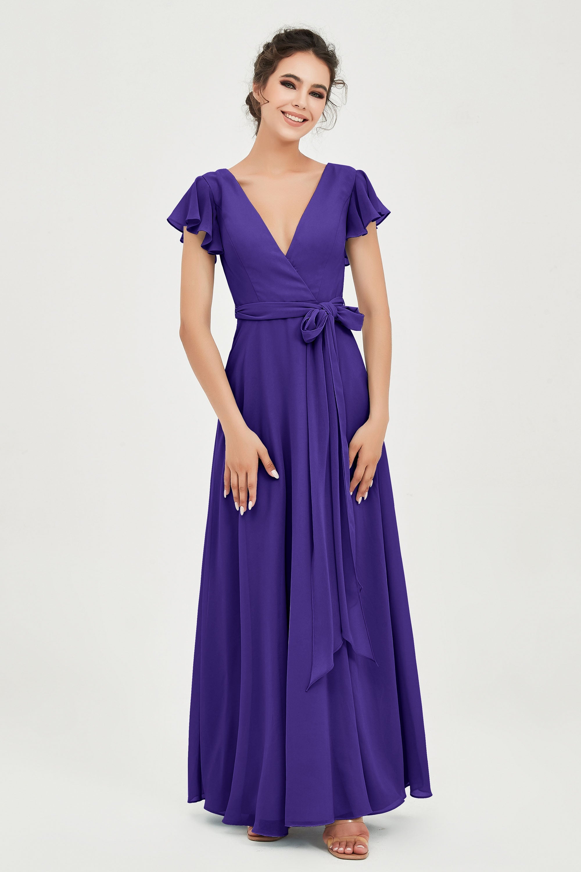 Flutter Sleeves Chiffon V Neck Bridesmaid Dress Women's Formal Evening Prom Gowns Dresses