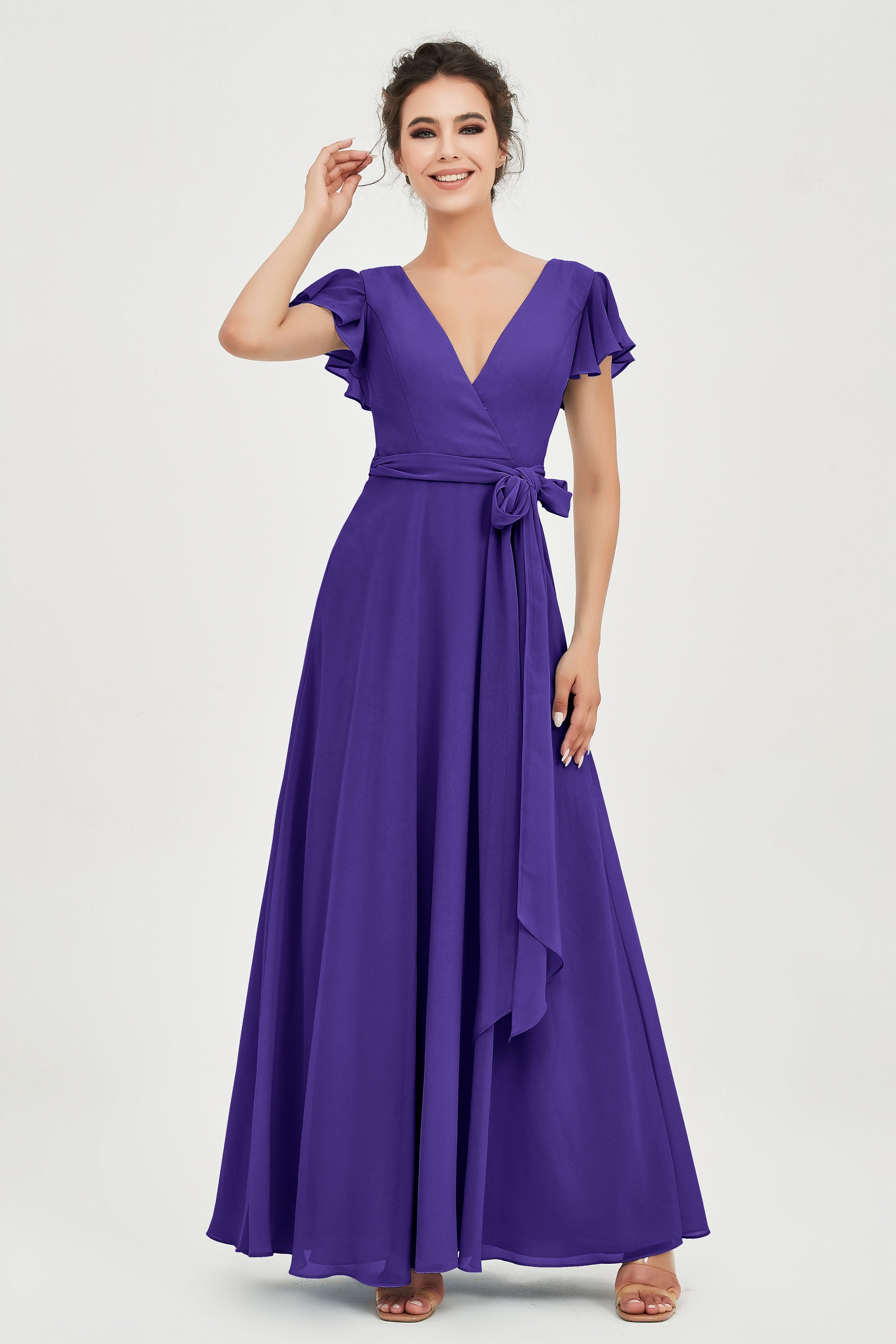 Flutter Sleeves Chiffon V Neck Bridesmaid Dress Women's Formal Evening Prom Gowns Dresses