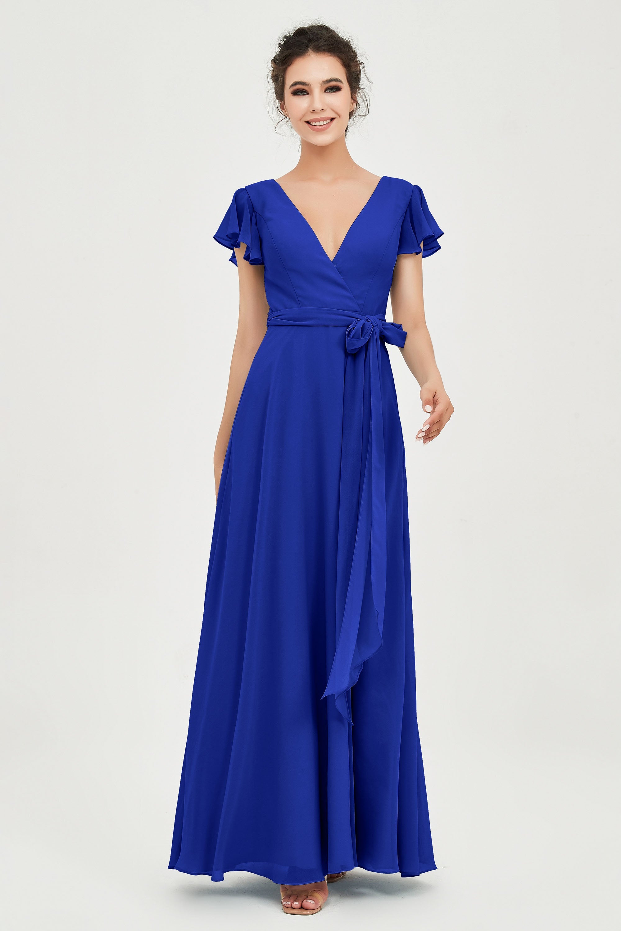 Flutter Sleeves Chiffon V Neck Bridesmaid Dress Women's Formal Evening Prom Gowns Dresses