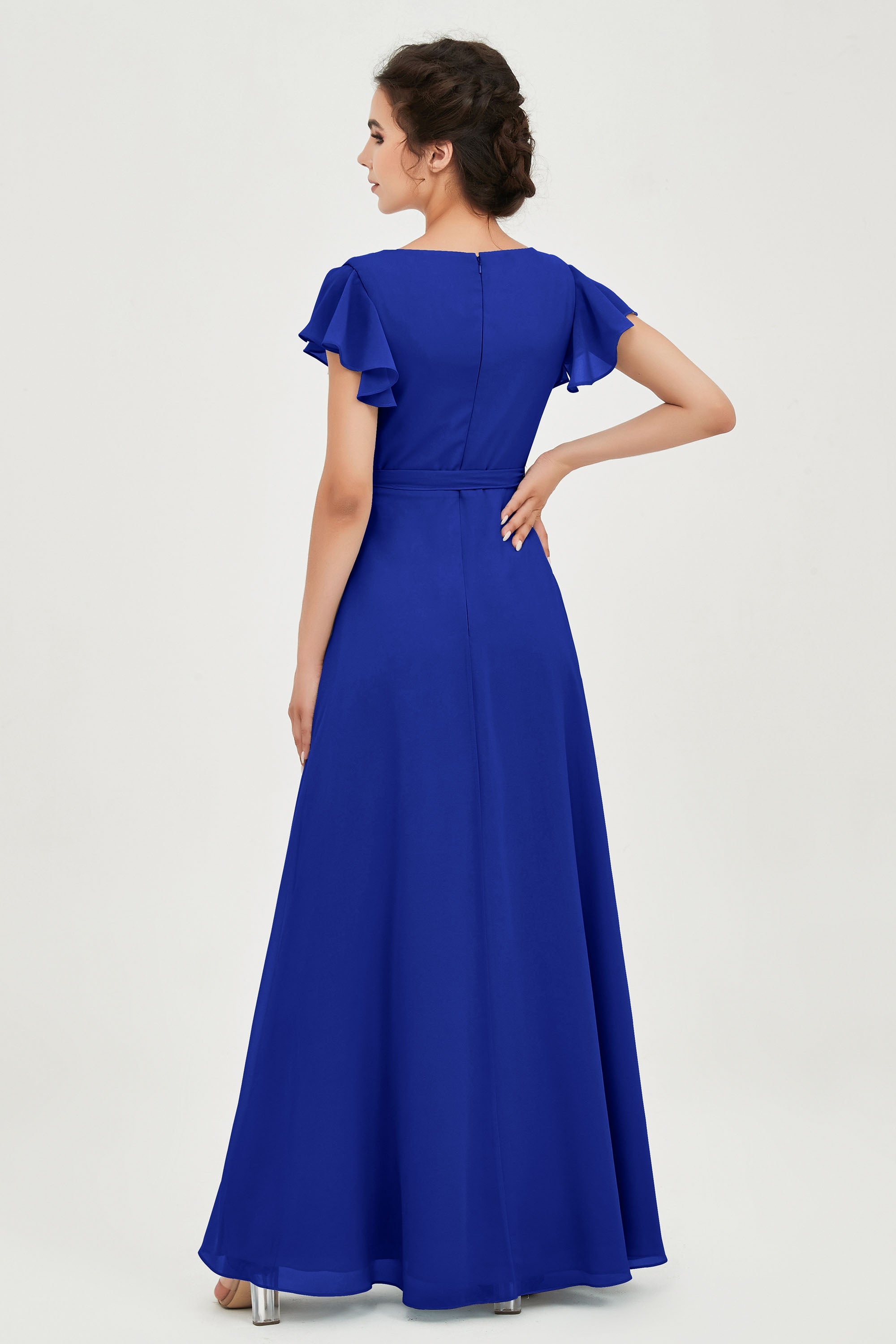 Flutter Sleeves Chiffon V Neck Bridesmaid Dress Women's Formal Evening Prom Gowns Dresses
