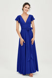 Flutter Sleeves Chiffon V Neck Bridesmaid Dress Women's Formal Evening Prom Gowns Dresses