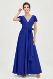 Flutter Sleeves Chiffon V Neck Bridesmaid Dress Women's Formal Evening Prom Gowns Dresses