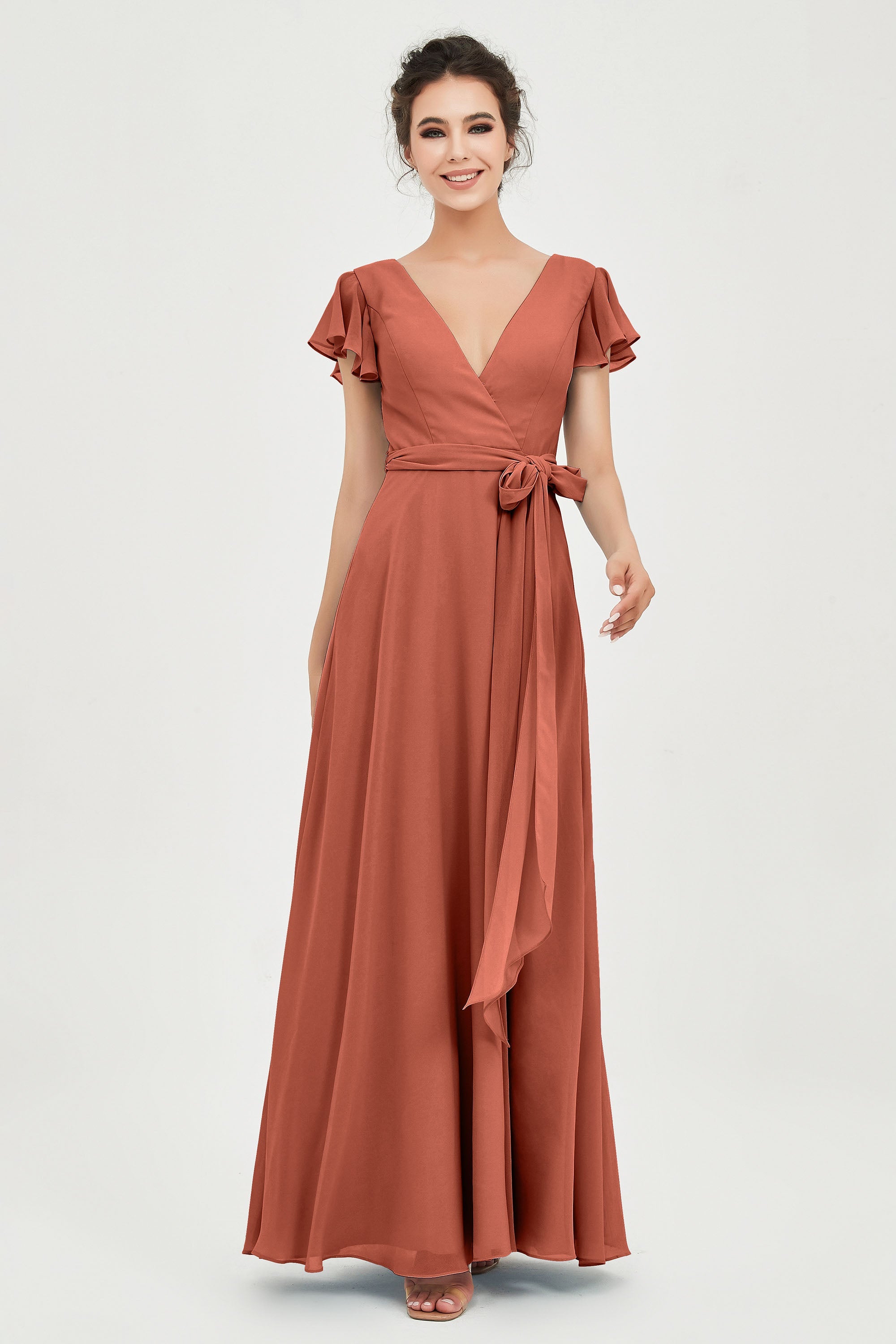 Flutter Sleeves Chiffon V Neck Bridesmaid Dress Women's Formal Evening Prom Gowns Dresses