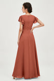 Flutter Sleeves Chiffon V Neck Bridesmaid Dress Women's Formal Evening Prom Gowns Dresses