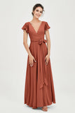 Flutter Sleeves Chiffon V Neck Bridesmaid Dress Women's Formal Evening Prom Gowns Dresses