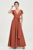 Flutter Sleeves Chiffon V Neck Bridesmaid Dress Women's Formal Evening Prom Gowns Dresses